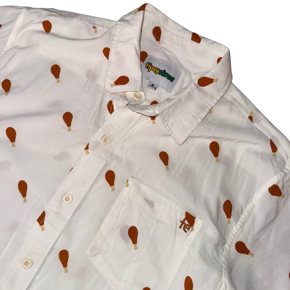 Tipsy Elves Mens White Fried Chicken Print Short Sleeve Button Up Shirt Large